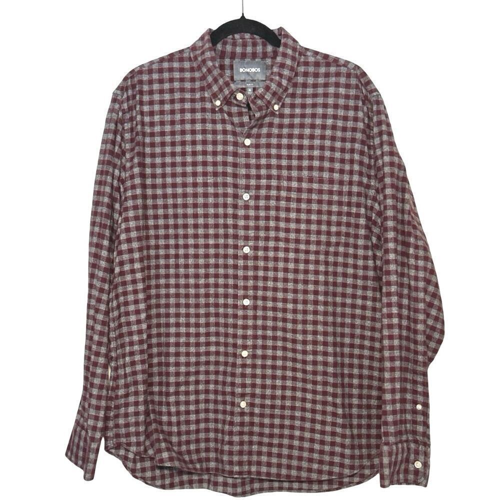Bonobos Men’s Slim Fit Button Down Check Pattern Shirt Maroon/Gray Size XL